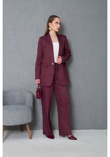 Kare Düğmeli Yünefekt Takım Mürdüm Düz Mürdüm