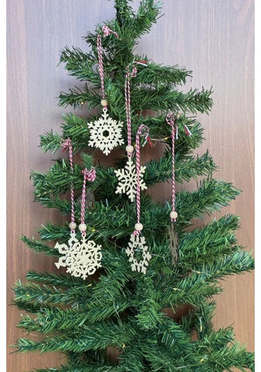 Pilli Peri Ledli 6 Parça Kırmızı Beyaz İpli Kar Tanesi Model Ahşap Yılbaşı Ağaç Süsü 5365