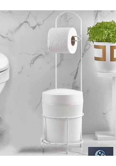 Kovalı Tuvalet Kağıtlığı, Çöp Kovalı Tuvalet Kağıdı Askısı, Banyo Çöp Kovası, Tuvalet Kağıtlık Beyaz