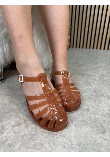 Kadın Çocuk Deniz Ayakkabısı Plaj Havuz Rafting Jel Görünümlü Şeritli Kaydırmaz Taban Sandalet 309 Karamel Kahverengi