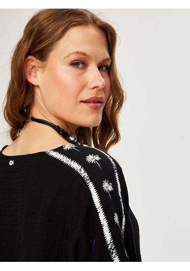 Resort Palmiye Baskı Detaylı Kısa Kol Müslin Bluz S25blz061 Us25blz06110 Siyah