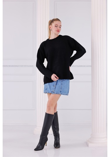 Bisiklet Yaka Oversize Basic Triko Kazak Siyah