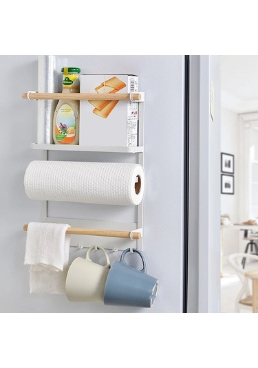 Cbtx Demir + Ahşap Manyetik Buzdolabı Depolama Rafı Mutfak Aletleri Asılı Depolama Rafı - Siyah