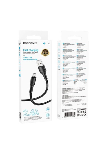 Borofone Bx116 1m 2.4a Usb'den Micro Usb'ye Belirli Şarj Veri Kablosu Siyah
