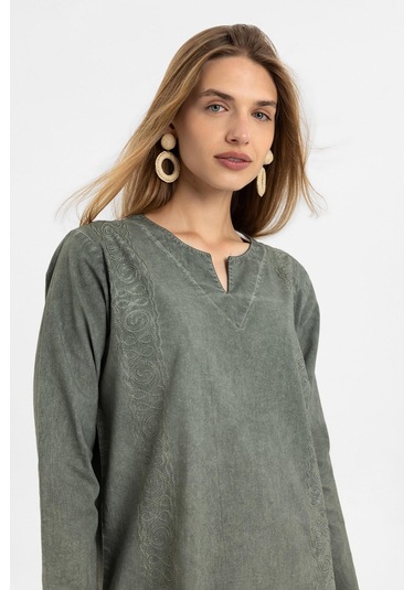 Haki İşlemeli Uzun Kollu Astarsız Pamuklu Uzun Elbise-hakı