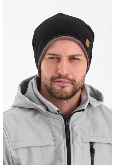 Erkek Siyah Polar Dış, Kahve Pamuklu Iç Kısım, Çift Renk Çift Katmanlı Katlanabilir Yumuşak Bere - Standart / Siyah-kahverengi Siyah-kahverengi