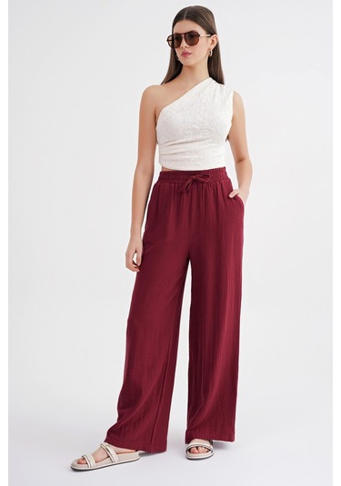 4286 Kadın Bol Paça Beli Lastikli Müslin Palazzo Pantolon Bordo Bordo