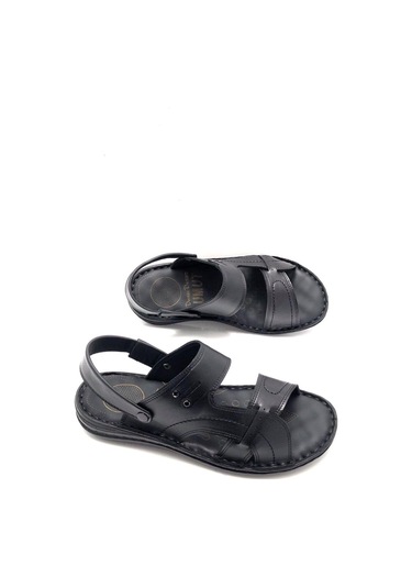 Deritarz Hakiki Deri Tam Ortopedik Masajlı Erkek Terlik Siyah