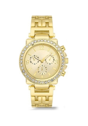 Dekoratif Kadran Taşlı Tasarım Metal Kordon Gold Kadın Kol Saati