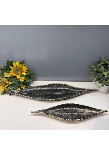 Dekoratif Polyester İkili Uzun Yaprak Sunumluk Gold Siyah Eskitme