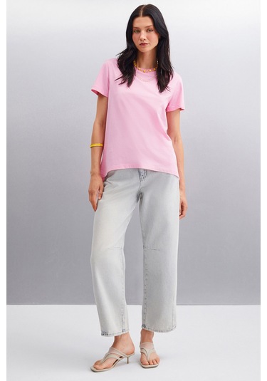 Samantha Kadın %100 Organik Pamuklu Comfort Fit Arkası Uzun Basic Örme Pembe T-shirt