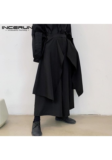 Incerun Düzensiz Hip Hop Erkekler Düz Etek Pantolon Harajuku Sokak Siyah Pileli Önlük Gotik Jogger Pantolon Siyah