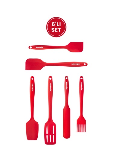 Silikon Mutfak Seti 6 Lı, Isıya Dayanıklı Yanmaz Yapışmaz Silikon Spatula Seti 6 Parça Kırmızı