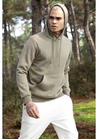 Buratti Regular Fit Kapüşonlu Kanguru Cepli Içi Tüylü Yumuşak Şardonlu Erkek Sweat 5905281 Vizon Yeşili