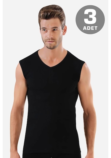 3 Adet Siyah Kolsuz Erkek Atlet V Yaka Sıfır Kol Tişört %100 Pamuklu Siyah