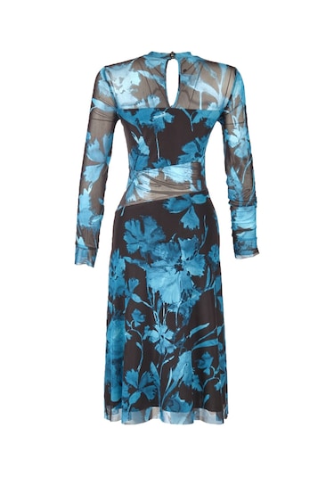 Explosion Uzun Kol Midi Şeffaf Elbise - Çiçek Desenli - Bohemian Stil Turkuaz