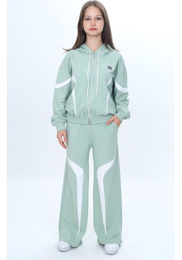 Kız Çocuk %100 Pamuk Garnili Kapüşonlu Fermuarlı Oversize Alt&üst Trend Eşofman Takımı-315-eşt-0003 Su Yeşili