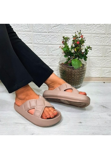 Akınalbella 408 Camel Renk Çapraz Eva Hafif Rahat Kadın Terlik 001