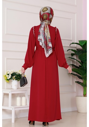 Omuzu Taş Detaylı Rose Elbise-kırmızı-4770 Kırmızı