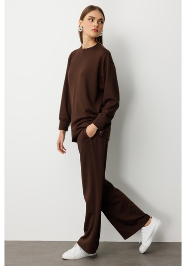 Mizalle Beli Lastikli Yumuşak Dokulu Kahverengi Jogger Panton Kahverengi
