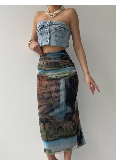Etiler Collection Lara Transparan Midi Etek Desenli