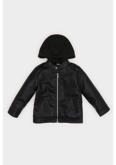 Defacto Erkek Bebek Kapüşonlu Pelüş Astar Suni Deri Ceket Mont A2220a525aubk27 Siyah