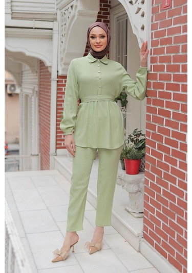 Taş Düğme Detaylı Takım Mint Yeşili Mintyeşili Mint Yeşili