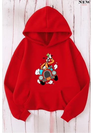 Arabalı Goffy Baskılı Sweatshirt Kırmızı