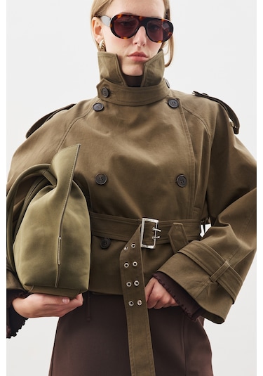 Kemerli Kısa Trençkot Haki Haki