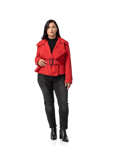 Büyük Beden Mono Yaka Kemerli Astarlı Kısa Kırmızı Trençkot Kırmızı