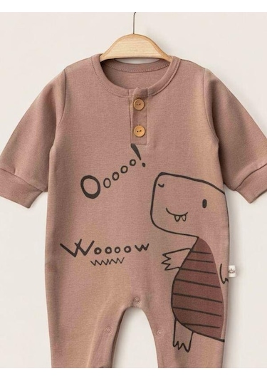 Zekids Erkek Bebek Dinazor Desenli Organik Tulum-15509 Kahverengi