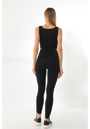 Kallima Siyah Toparlayıcı Yüksek Bel Fitilli Spor Tayt-crop Takım