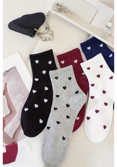 Kadın 5 Çift Premium Kalite Minimal Kalp Desenli Kısa Kolej Çorap Çok Renkli Çok Renkli
