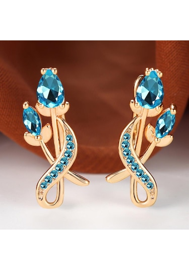 Açık Mavi Zarif Gül Çiçek Damla Küpe Kadınlar Için Altın Renk Gelin Düğün Güzel Takı Lüks Küpe Hediyeler