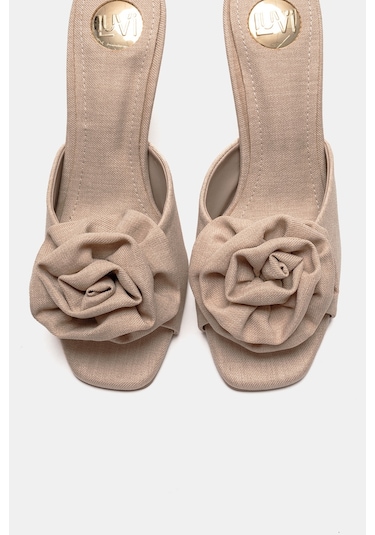 Luvishoes Jempy Bej Keten Çiçekli Kadın Topuklu Terlik Bej