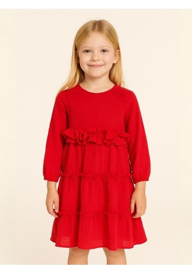 Kız Çocuk Pamuklu Mevsimlik Astarlı Fırfırlı Bol Elbise-14441 Kırmızı