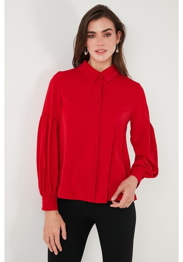 Lela Regular Fit Dikiş Detaylı Düz Yaka Balon Kol Bayan Gömlek 611Go00003 Kırmızı