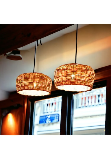 Hasır Avize El Yapımı Yuvarlak 30 Cm Sarı