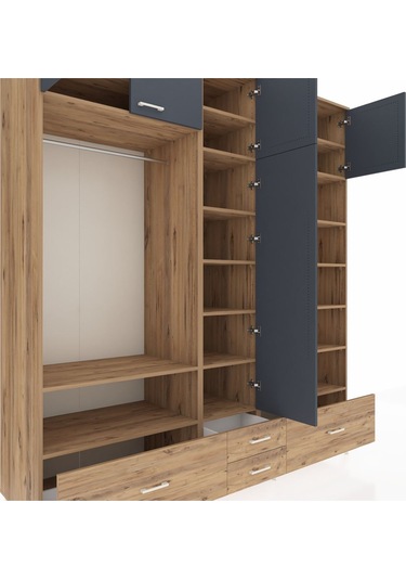 Kronos Dolap 18 Raflı 4 Çekmeceli Tek Askılı 220x59x243 Çam-antrasit/çam Antrasıt/atlas Çam