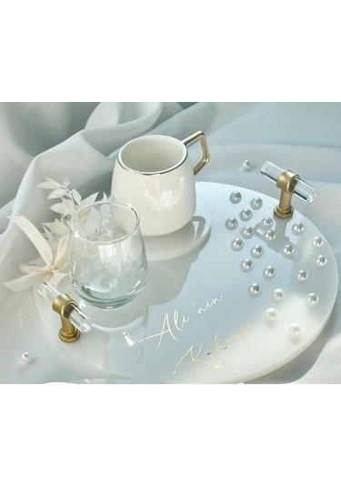 İnci Detaylı Gold Nişan Tepsisi Ve Damat Kahvesi Seti