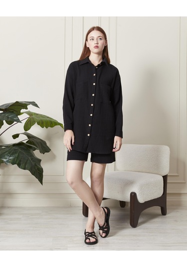 Soft Koton Kumaş Şort Gömlek Takım-3300-siyah Siyah
