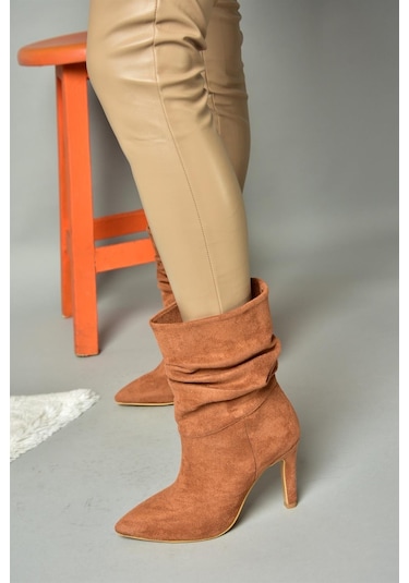 Fox Shoes R404020302 Taba Süet İnce Topuklu Büzgülü Kadın Bot Taba