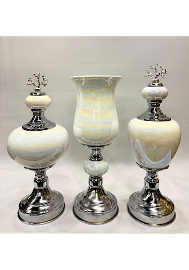 3'lü Dekoratif Prestij Dekoratif Vazo Set - Krem Rengi Krem Rengi