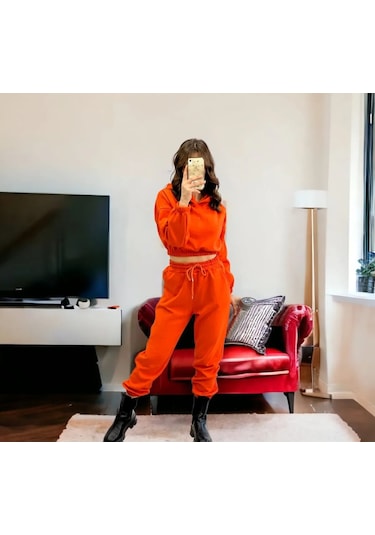 Fifty Color Crop Takım Kapüşonlu Üç Iplik Kalın Polarlı Eşofman Tkm- Turuncu