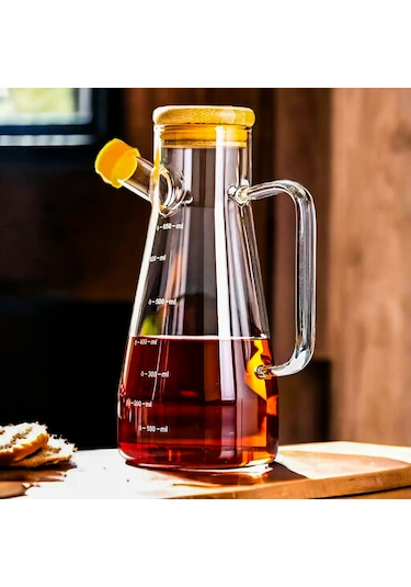 Yağdanlık Cam Şişe 900 Ml Bambu Vakumlu Kapak Ahşap Stantlı Tekli