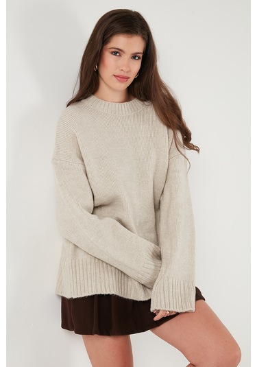 Lela Regular Fit Bisiklet Yaka Basic Triko Bayan Kazak 4616213 Taş