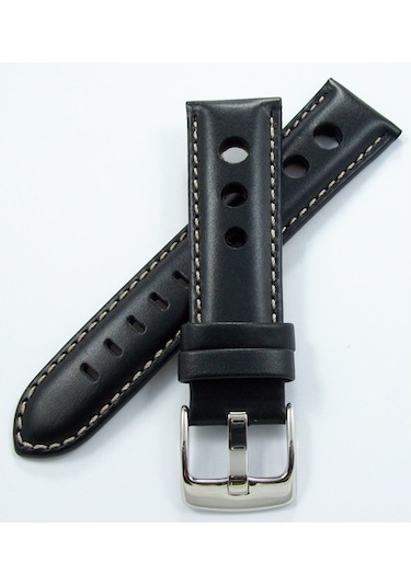 Bizon Siyah Deri Saat Kordonu 24Mm Beyaz Dikişli Delikli Kayışı S