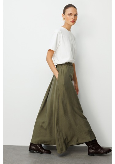 Mizalle Modal Karışımlı Haki Beli Lastikli Maksi Etek Haki