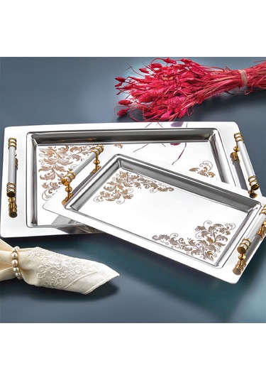 Porsima Yüzük 2li Paslanmaz Çelik Gümüş Kahve Sunum Tepsisi