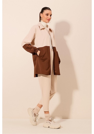 5909 Çift Renkli Mevsimlik Trençkot - Kahverengi Kahverengi
